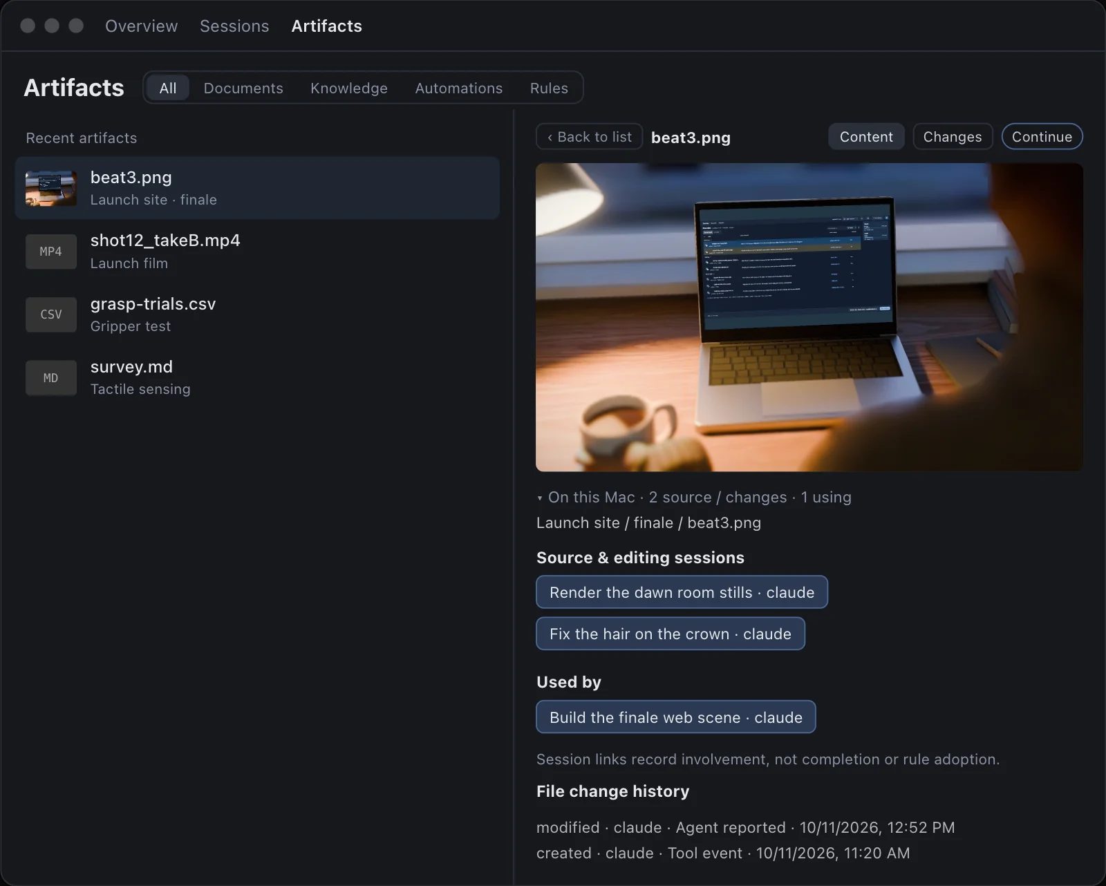 The Artifacts view in Continued: a list of recent files and, for the selected file, the sessions that created and changed it, what uses it, and its change history