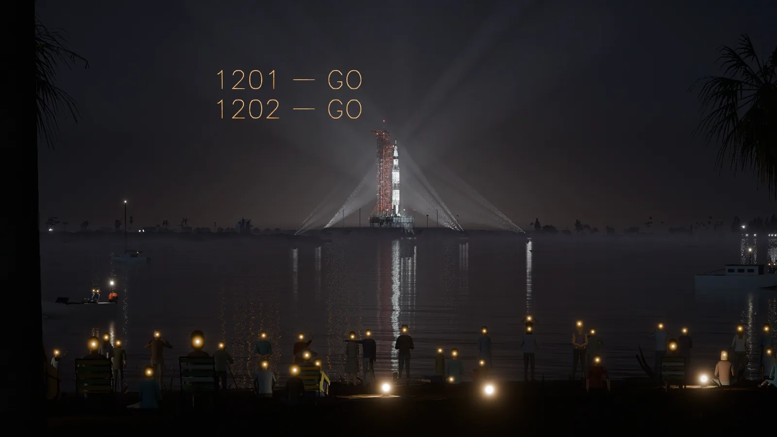 The Saturn V on its pad at night across a lagoon, with the handwritten lines 1201 GO and 1202 GO in gold above the water