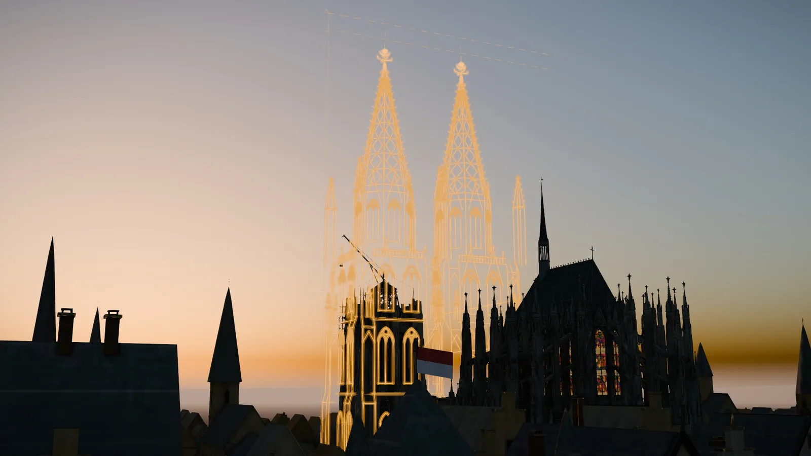 Cologne Cathedral at dusk with the outline of its finished west front drawn in gold lines over the unfinished building