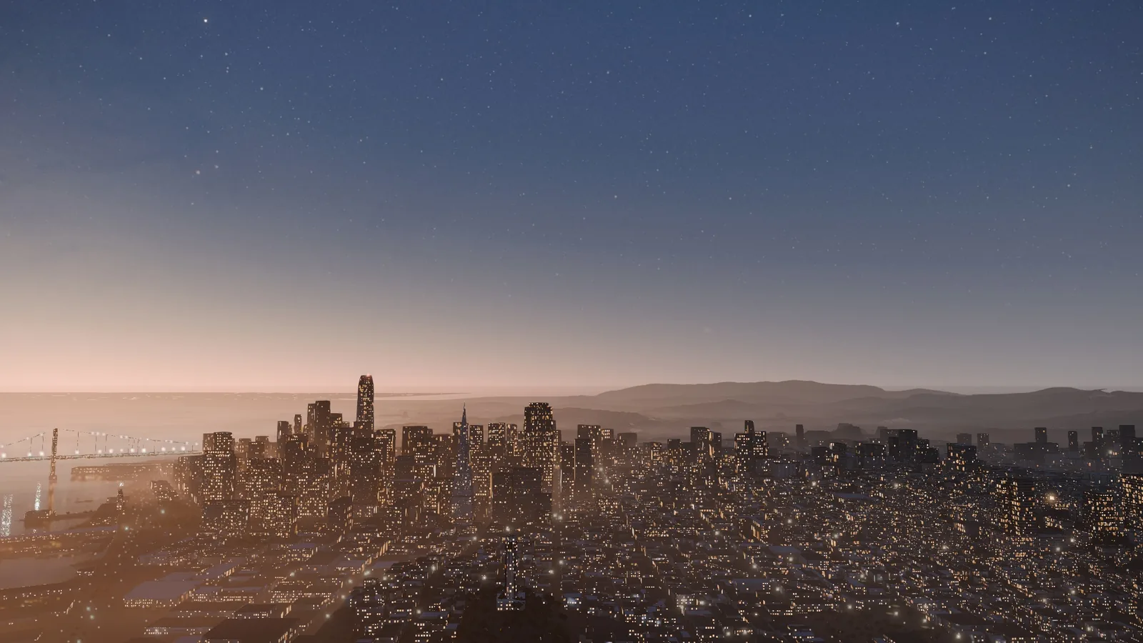 San Francisco at dawn seen from above, with thousands of windows lit across downtown and the hills